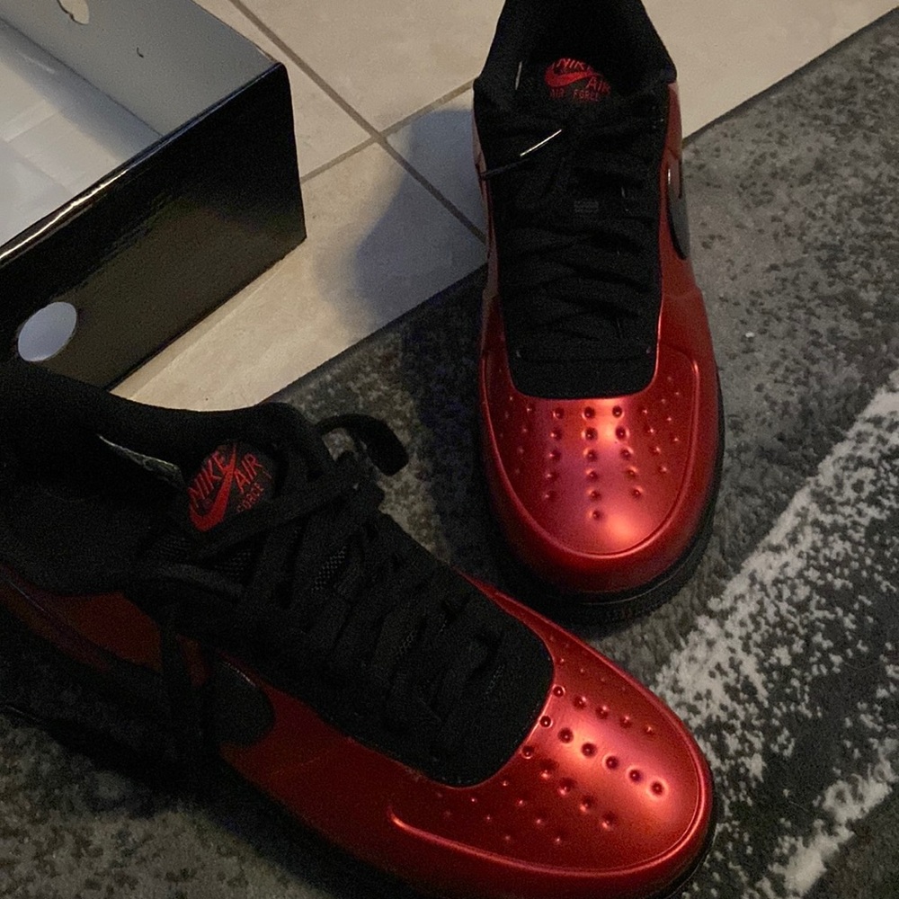 Black and Metallic Red Nike Air Force 1s